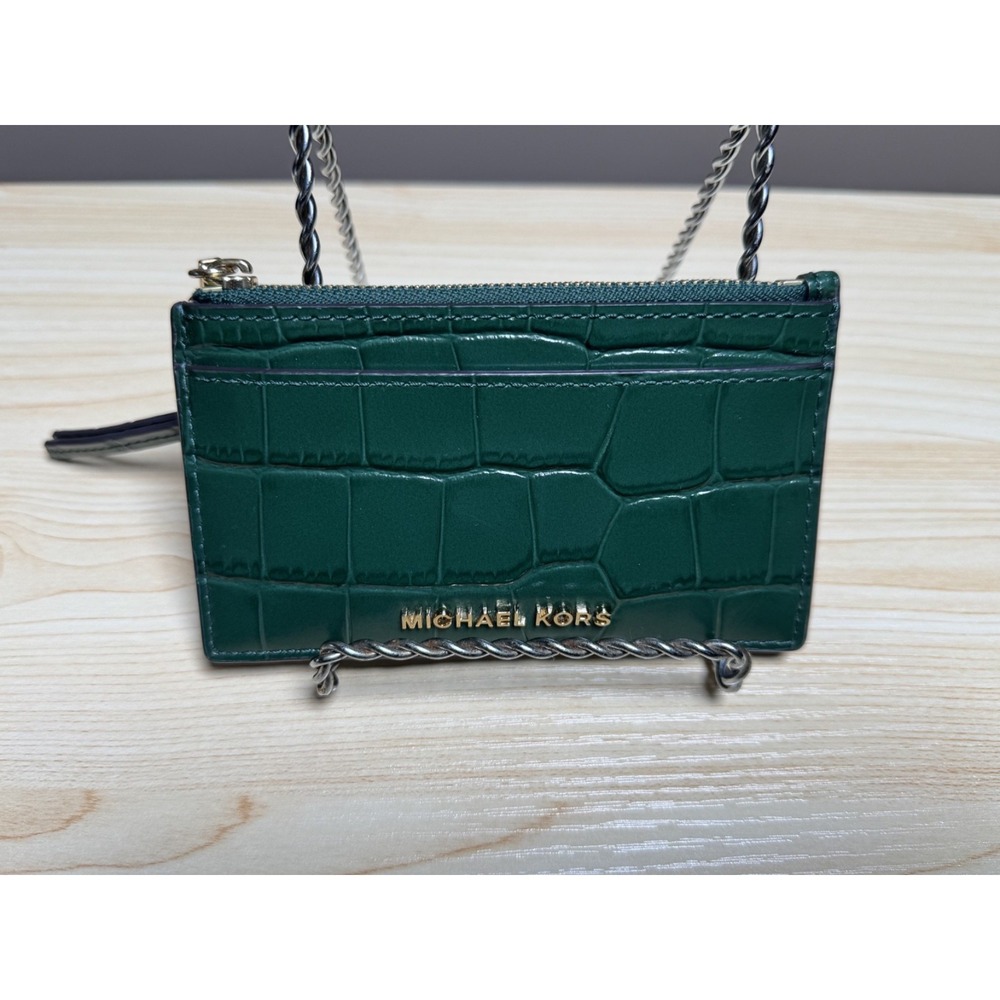 EUC Dark Green Croc-embossed Leather Card Holder by Michael Kors